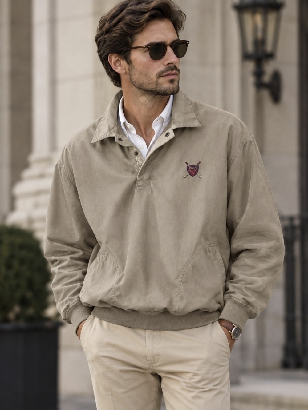 Vintage Polo Golf Ralph Lauren khaki pullover windbreaker W/ Crest Men Sz XL